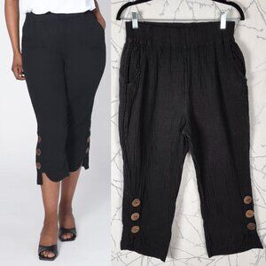 Shannon Passero Black Cotton Gauze Pull On Button Cuff Capri Pants